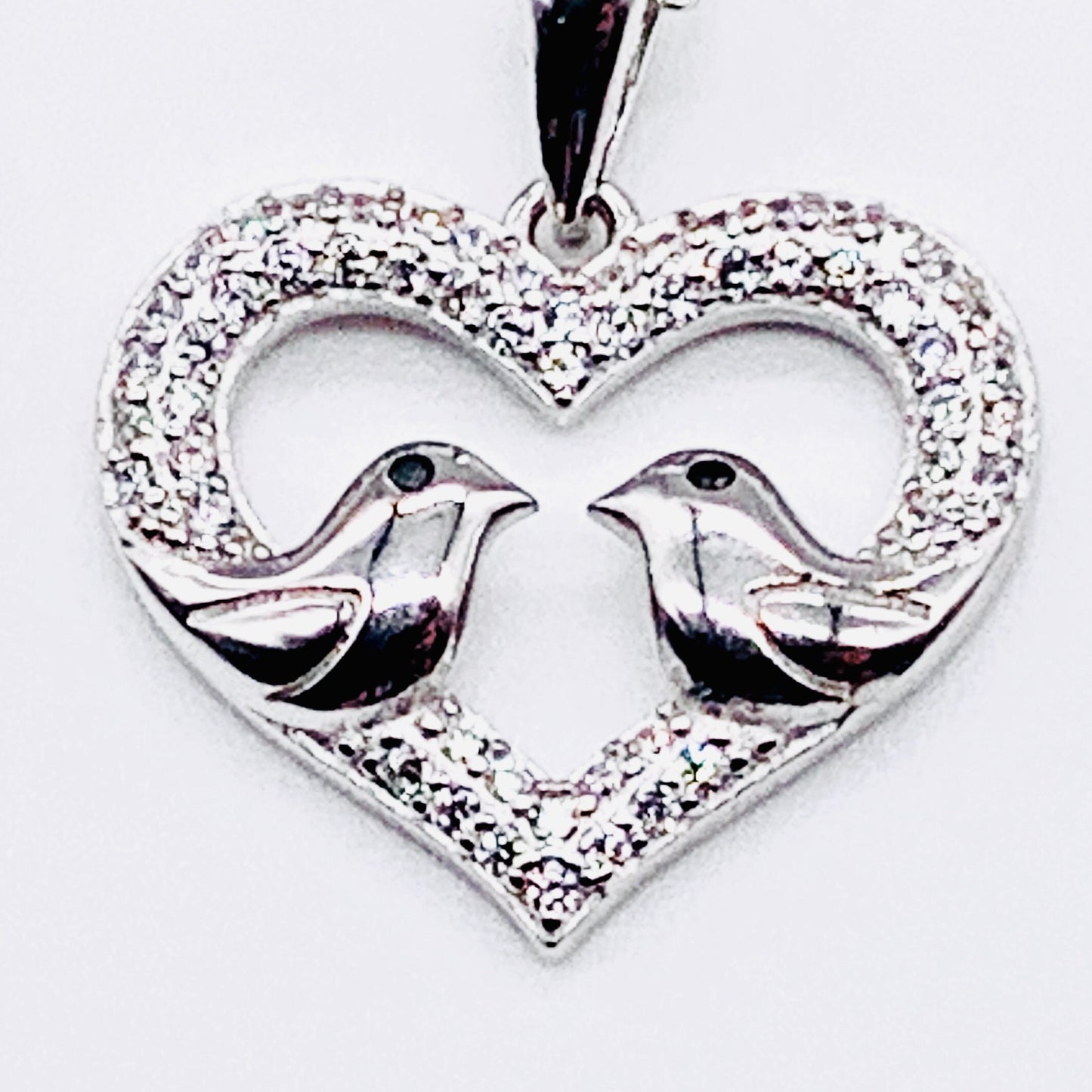 Sterling Silver Clear Cubic Zirconia Love Birds Heart Pendant