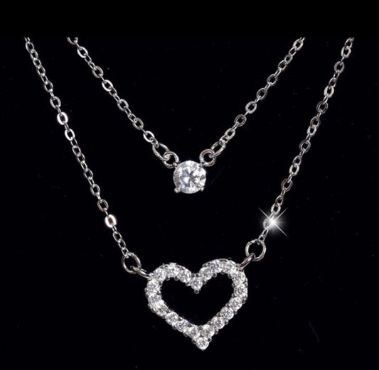 Stunning Double Layered Silver Zirconia Heart and Stone Necklace Pendant