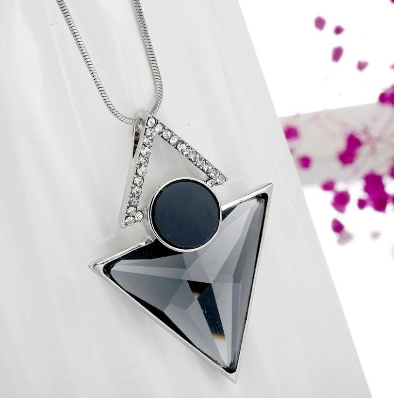 Long Necklace with Two Triangle  and Black Dot Shape Pendant