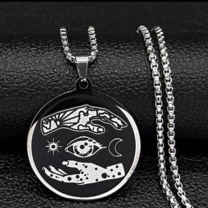 Stainless Steel Box Chain Necklace with Beautiful Double Hamsa Hand Pendant in Black & Silver