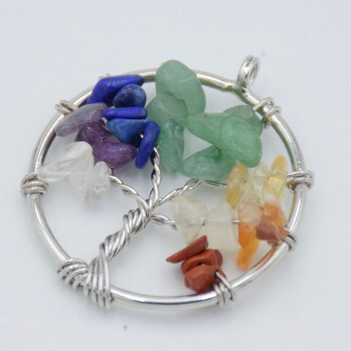 Tree of Life Natural Gem Stone Chakra Silver Wire Pendant