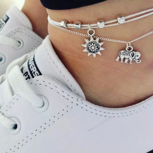2 Layered Elephant Charm on Silver Chain and Sun Charm on White Rope Anklet