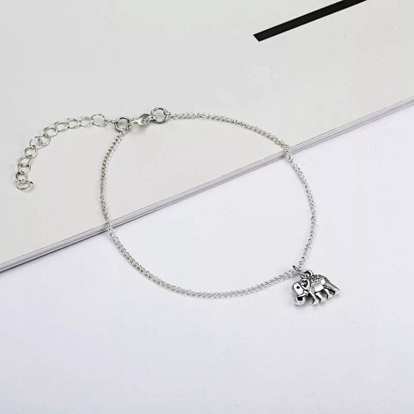 2 Layered Elephant Charm on Silver Chain and Sun Charm on White Rope Anklet