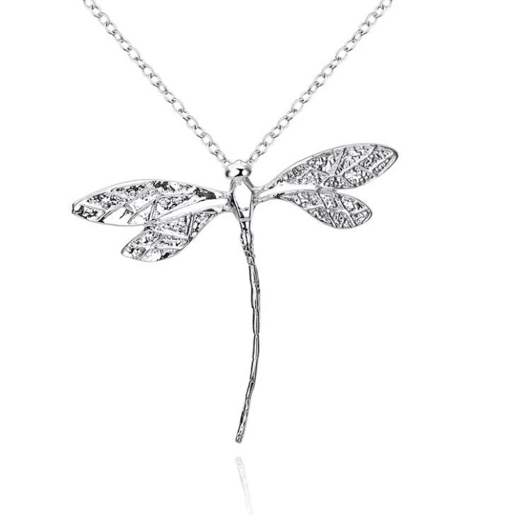 Silver Long Dragonfly Pendant Necklace