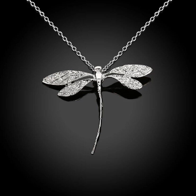 Silver Long Dragonfly Pendant Necklace