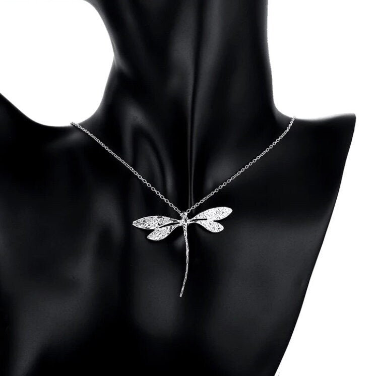 Silver Long Dragonfly Pendant Necklace