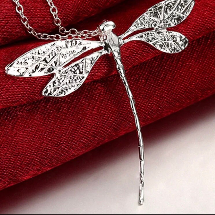 Silver Long Dragonfly Pendant Necklace