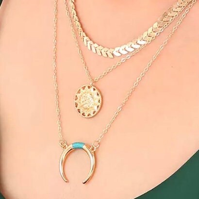 Triple Layer Gold Colour Sun & Moon Pendant Necklace