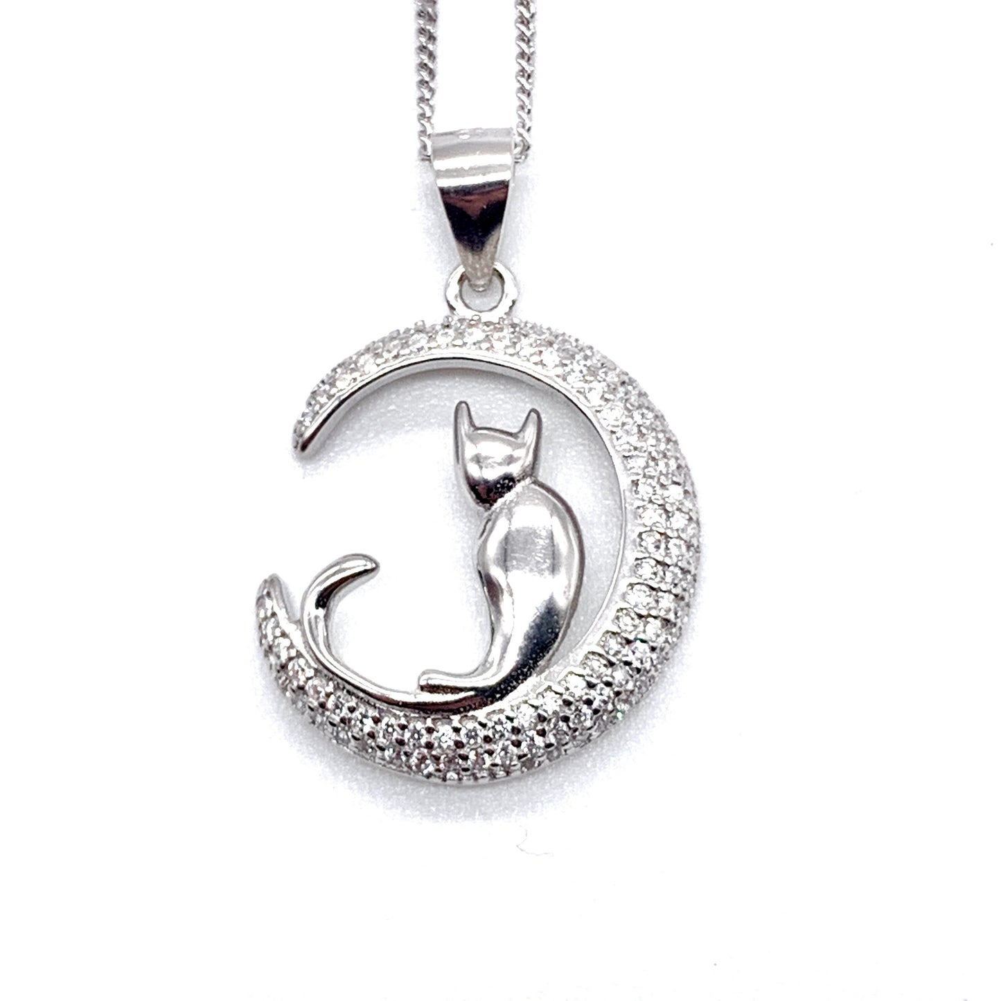 Sterling Silver Cat Crescent Moon Pendant Necklace with Clear Cubic Zirconia Stones