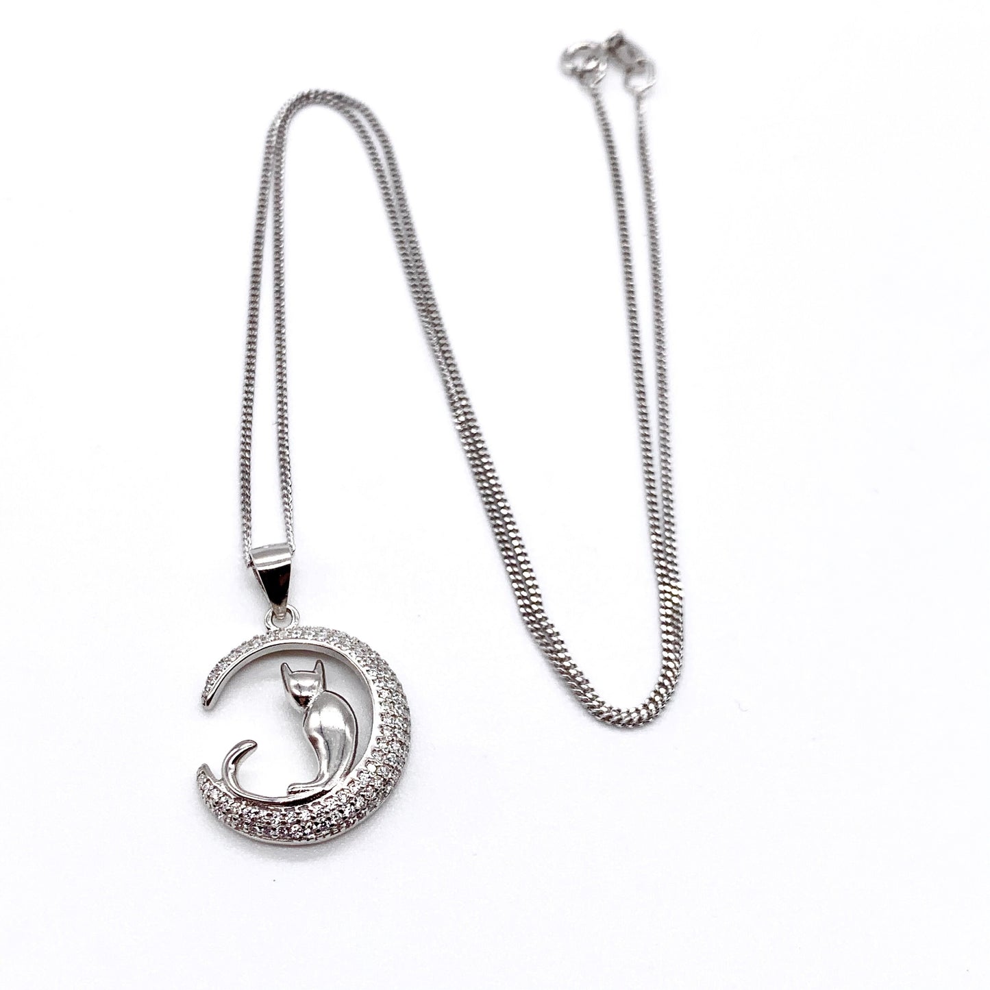 Sterling Silver Cat Crescent Moon Pendant Necklace with Clear Cubic Zirconia Stones