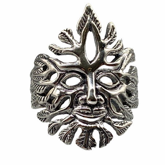 Green Man Ring with Beautiful Oak Leaf Detail in 925 Sterling Silver