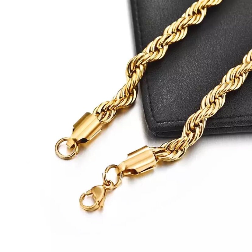 Stainless Steel Gold Colour Rope Twisted Singapore Chain Necklace