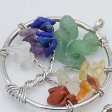 Tree of Life Natural Gem Stone Chakra Silver Wire Pendant