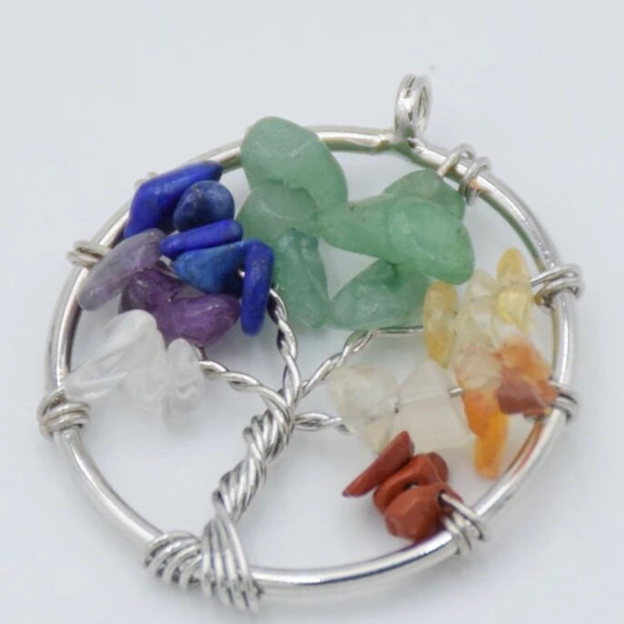 Tree of Life Natural Gem Stone Chakra Silver Wire Pendant