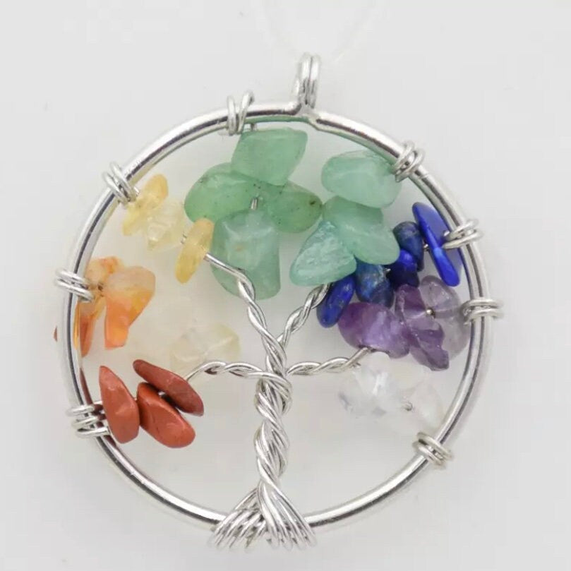 Tree of Life Natural Gem Stone Chakra Silver Wire Pendant