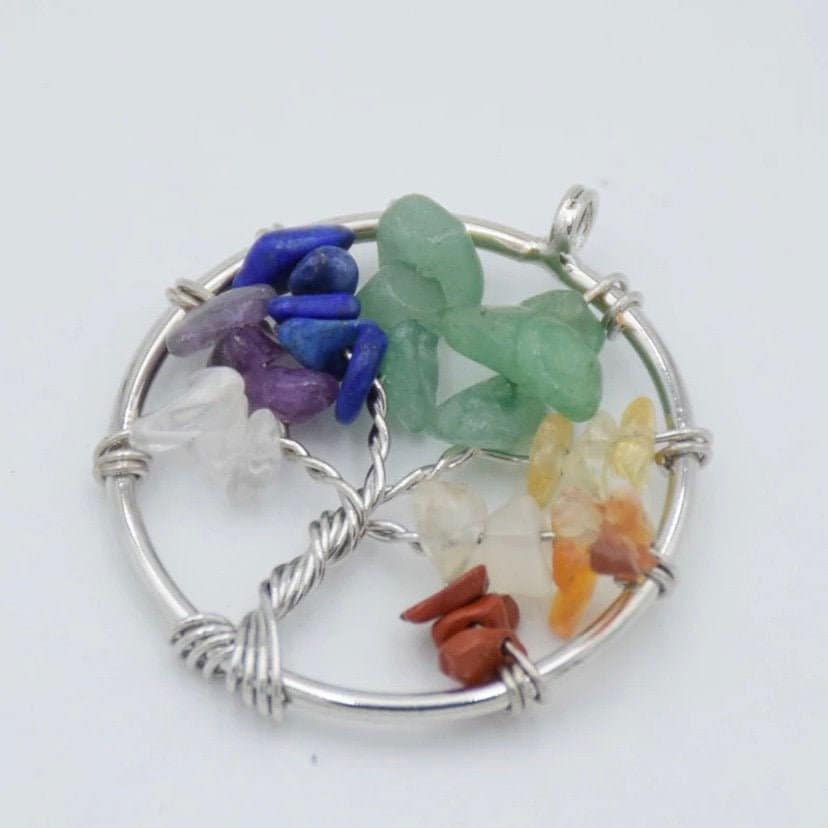 Tree of Life Natural Gem Stone Chakra Silver Wire Pendant