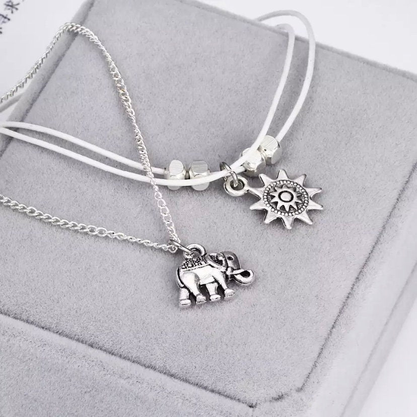 2 Layered Elephant Charm on Silver Chain and Sun Charm on White Rope Anklet