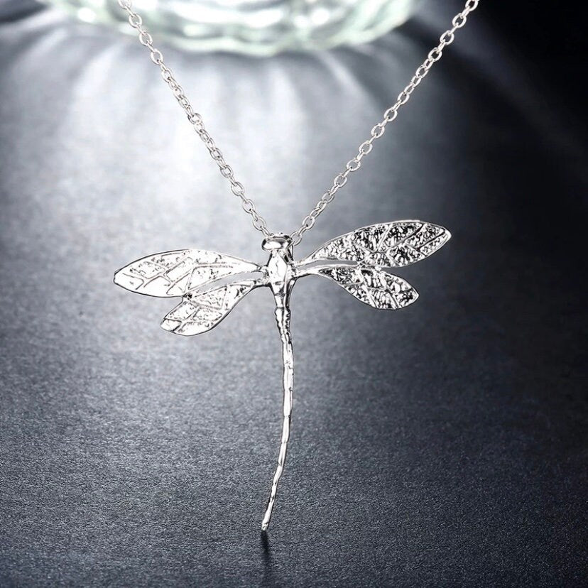 Silver Long Dragonfly Pendant Necklace