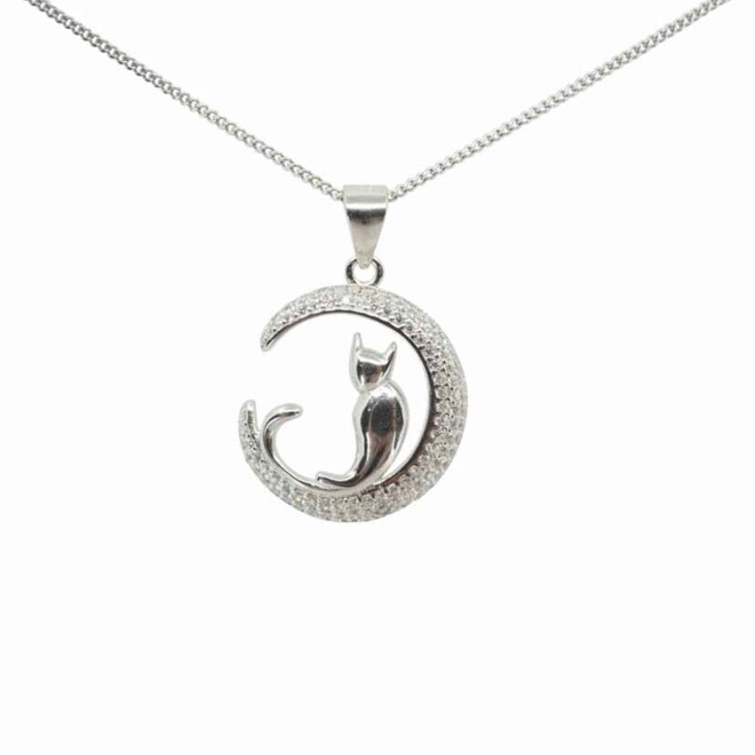 Sterling Silver Cat Crescent Moon Pendant Necklace with Clear Cubic Zirconia Stones