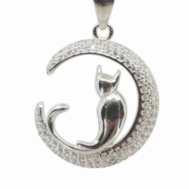 Sterling Silver Cat Crescent Moon Pendant Necklace with Clear Cubic Zirconia Stones