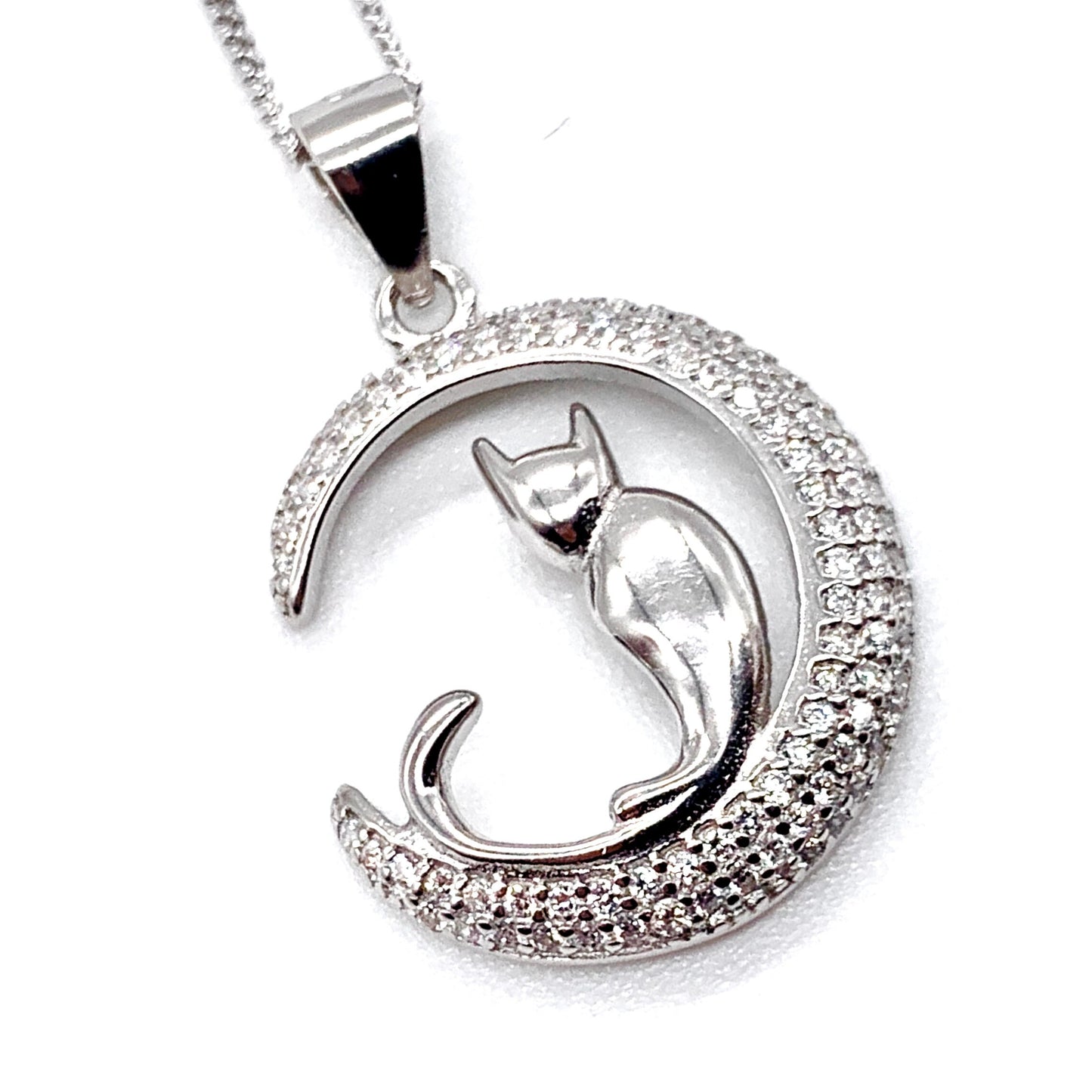 Sterling Silver Cat Crescent Moon Pendant Necklace with Clear Cubic Zirconia Stones