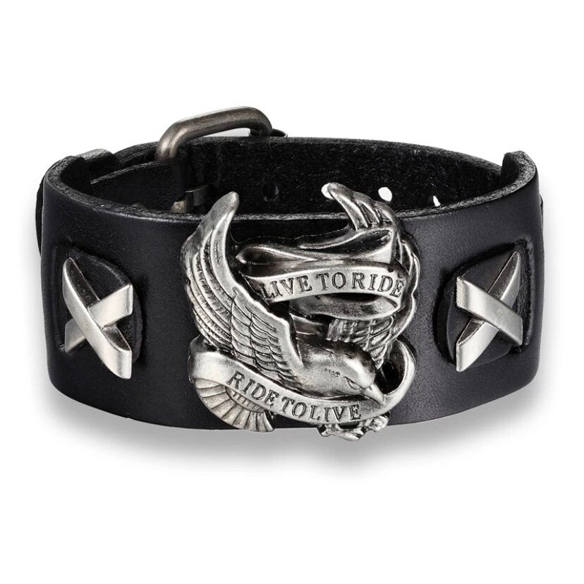 Leather Punk Ride to Live Bird Skull Retro Bracelet Wrap