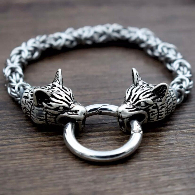 Viking Wolf Head Stainless Steel Chain Bracelet