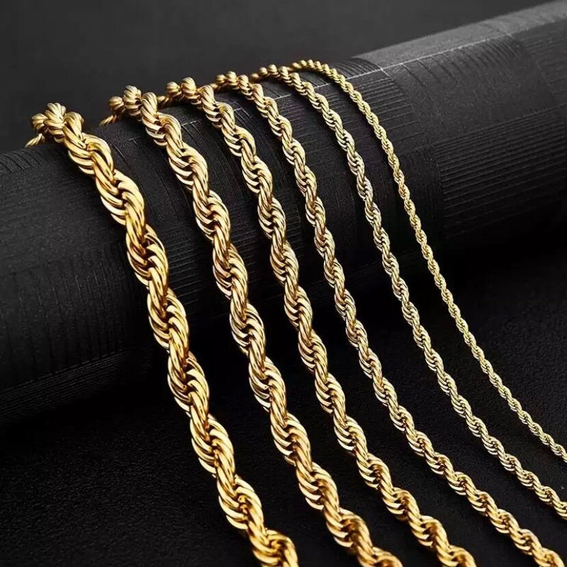 Stainless Steel Gold Colour Rope Twisted Singapore Chain Necklace