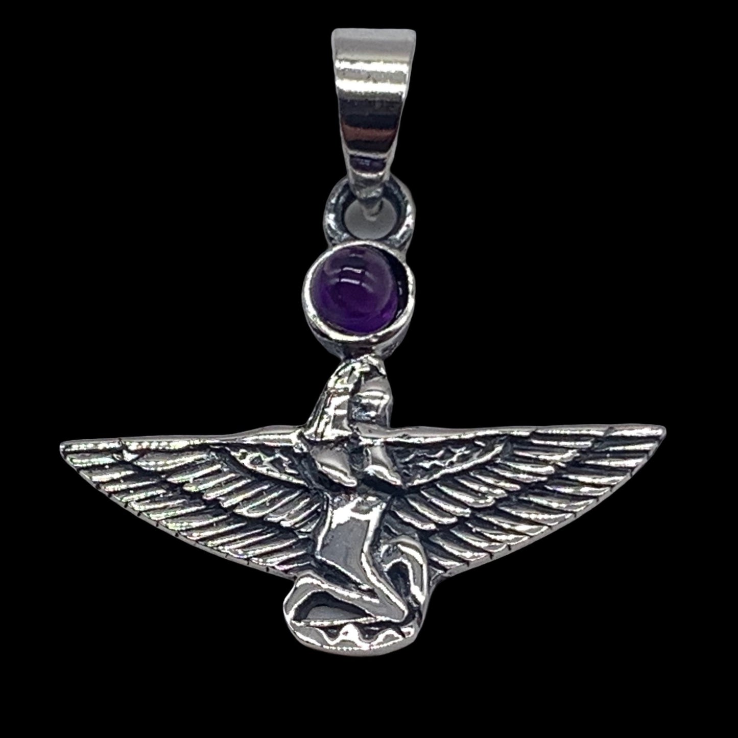 Finely Detailed 925 Sterling Silver Isis Pendant set with an Amethyst Gemstone Cabochon Gemstone