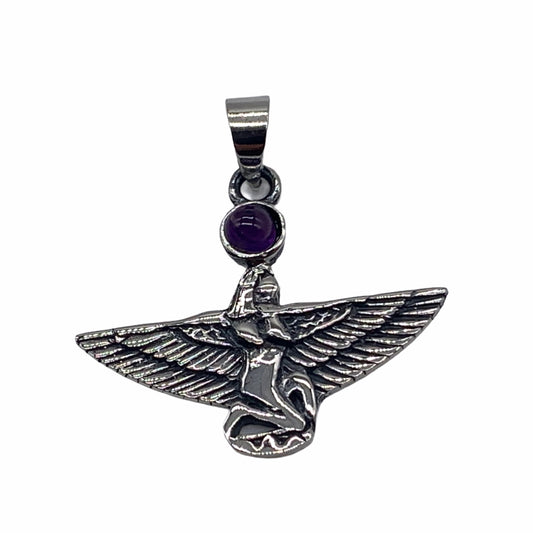 Finely Detailed 925 Sterling Silver Isis Pendant set with an Amethyst Gemstone Cabochon Gemstone