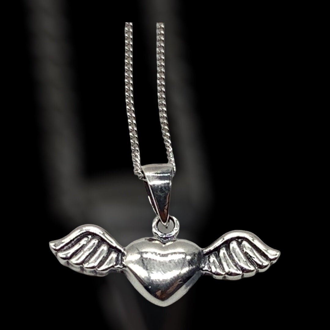 925 Sterling Silver Angel Winged Heart Pendant Necklace