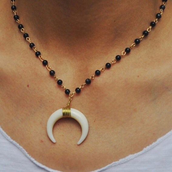 Bohemia Black Beads with Acrylic Horn Crescent Moon Pendant Gold Necklace