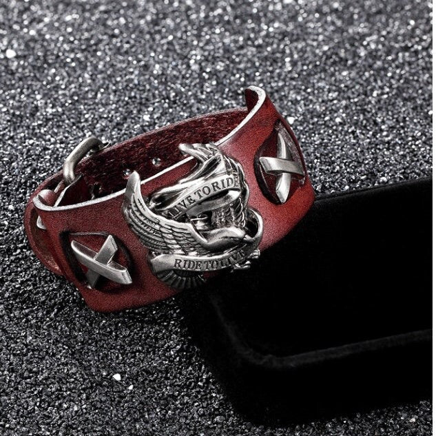 Leather Punk Ride to Live Bird Skull Retro Bracelet Wrap