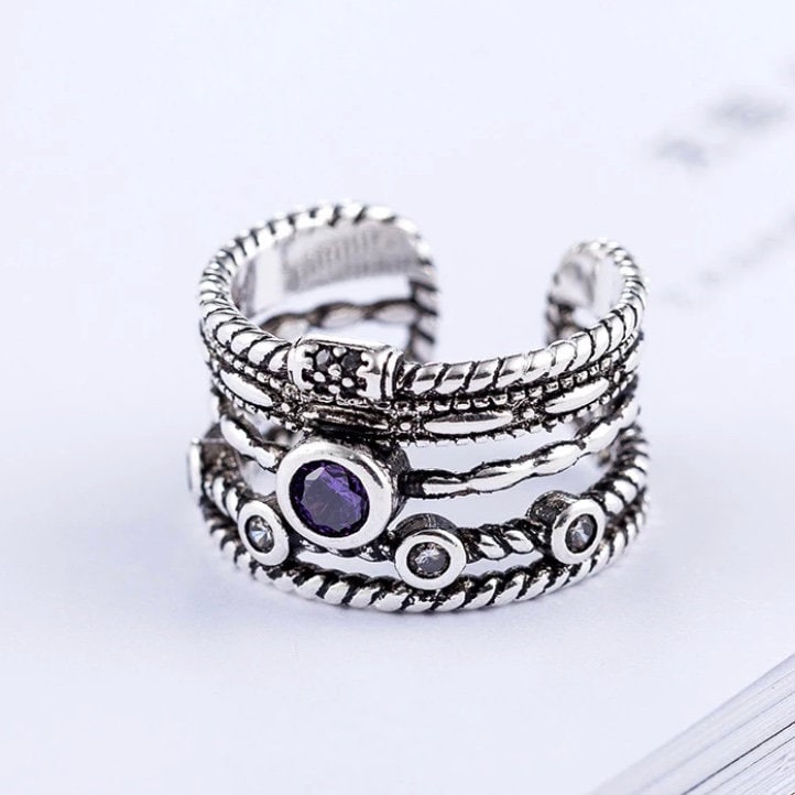 Vintage Bohemian Silver Colour Zircon Round Open Ring