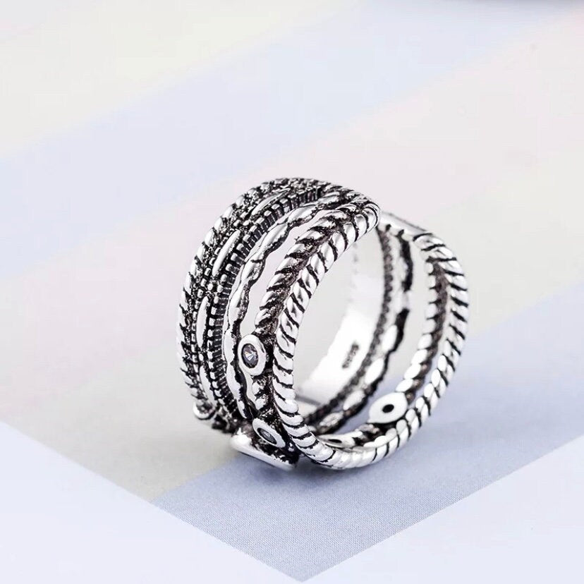 Vintage Bohemian Silver Colour Zircon Round Open Ring