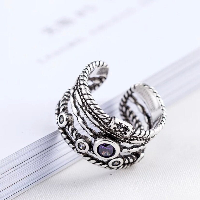 Vintage Bohemian Silver Colour Zircon Round Open Ring