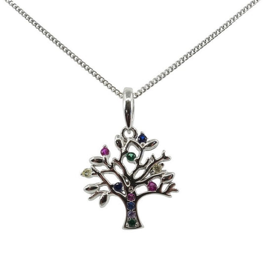 Sterling Silver Multi Cubic Zirconia Tree of Life Pendant Necklace