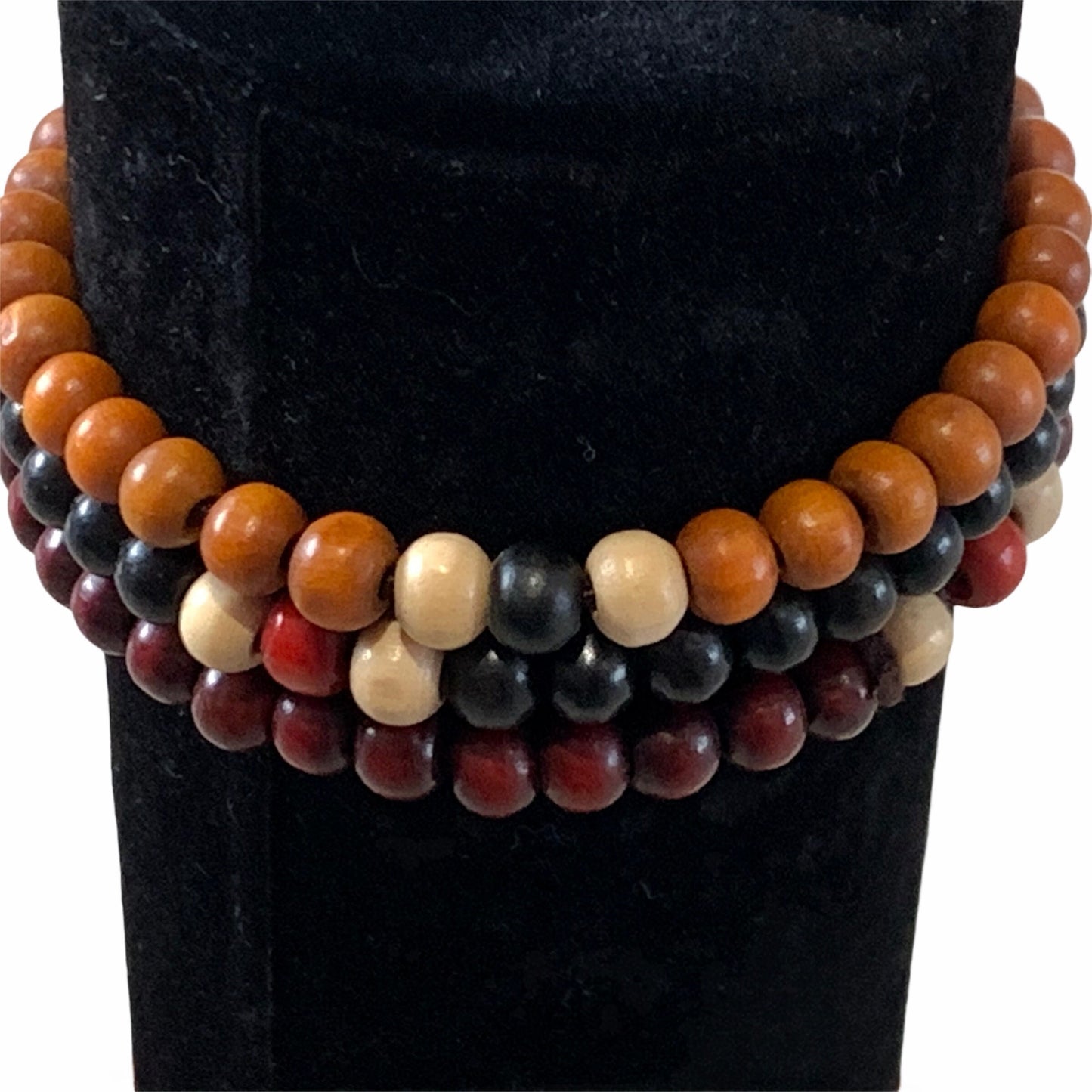 Triple Layer Wooden Small Beads Elasticated Bracelets in Black, Red & Brown