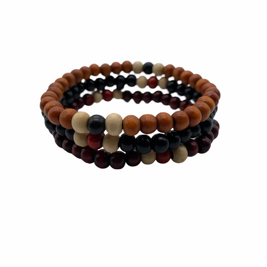 Triple Layer Wooden Small Beads Elasticated Bracelets in Black, Red & Brown