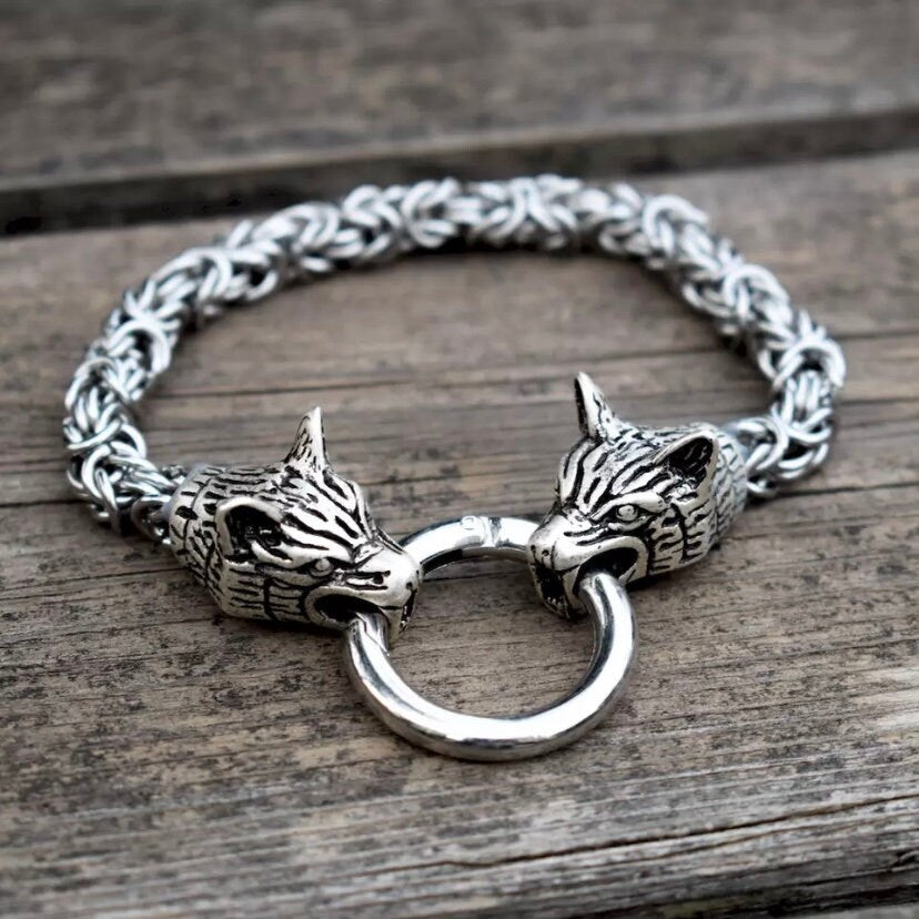 Viking Wolf Head Stainless Steel Chain Bracelet