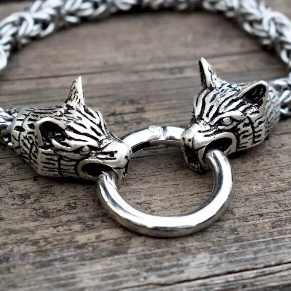 Viking Wolf Head Stainless Steel Chain Bracelet