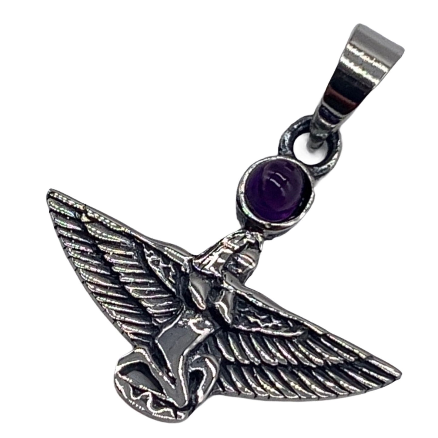 Finely Detailed 925 Sterling Silver Isis Pendant set with an Amethyst Gemstone Cabochon Gemstone