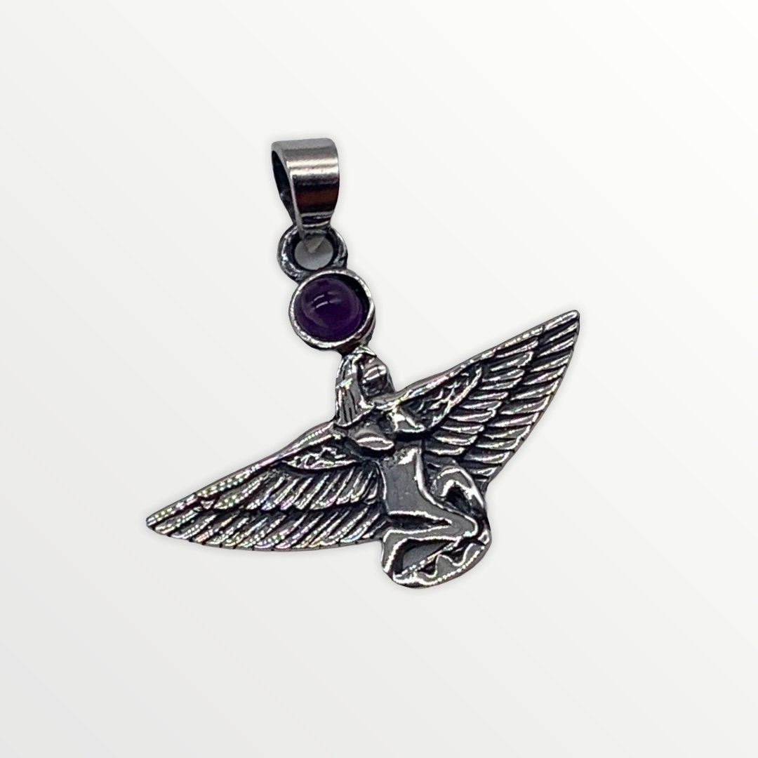 Finely Detailed 925 Sterling Silver Isis Pendant set with an Amethyst Gemstone Cabochon Gemstone