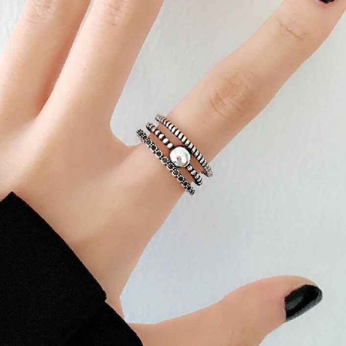 Silver Colour Layered Beads Open Ring