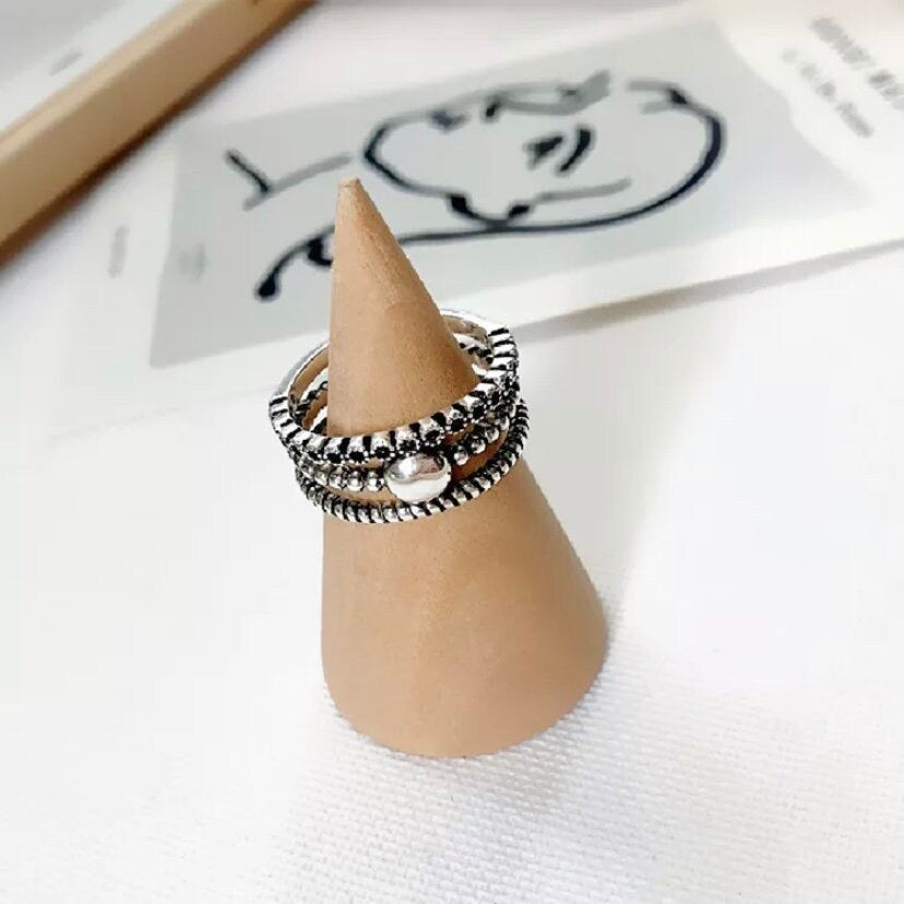 Silver Colour Layered Beads Open Ring