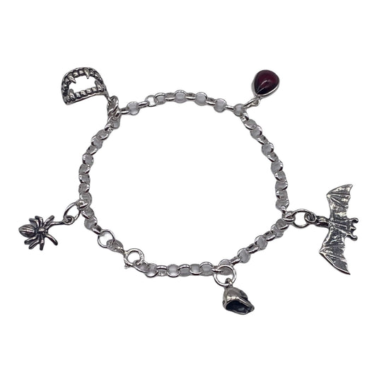 Stunning 925 Sterling Silver Gothic Charm Bracelet with Five x 925 Sterling Silver Bat Spider Vampire Fang Skull and Blood Red Garnet charms