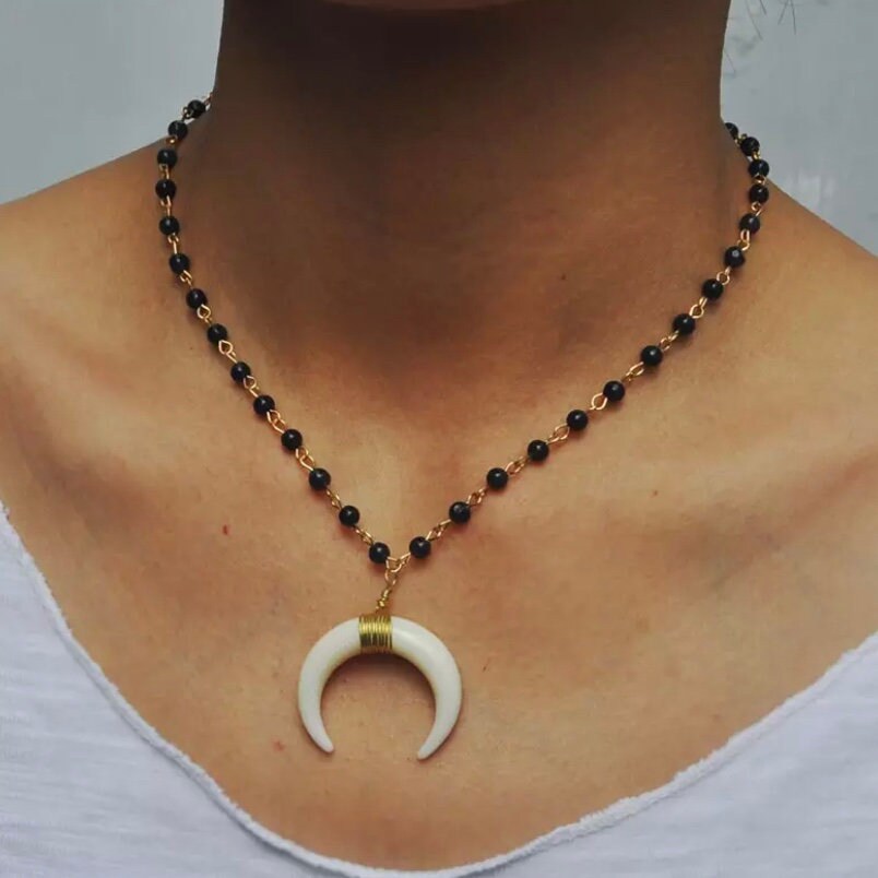 Bohemia Black Beads with Acrylic Horn Crescent Moon Pendant Gold Necklace