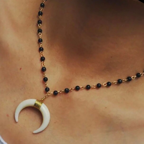 Bohemia Black Beads with Acrylic Horn Crescent Moon Pendant Gold Necklace