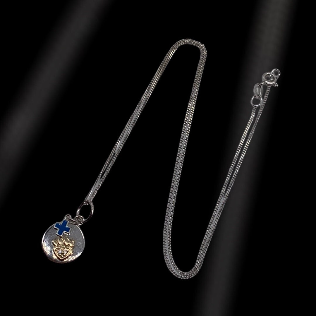 Sterling Silver Blue Cross & Paw Print Pendant Necklace