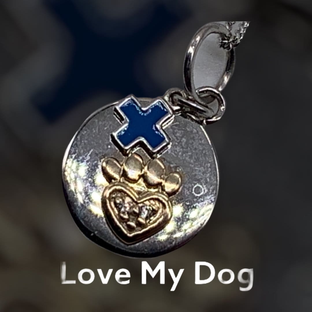 Sterling Silver Blue Cross & Paw Print Pendant Necklace